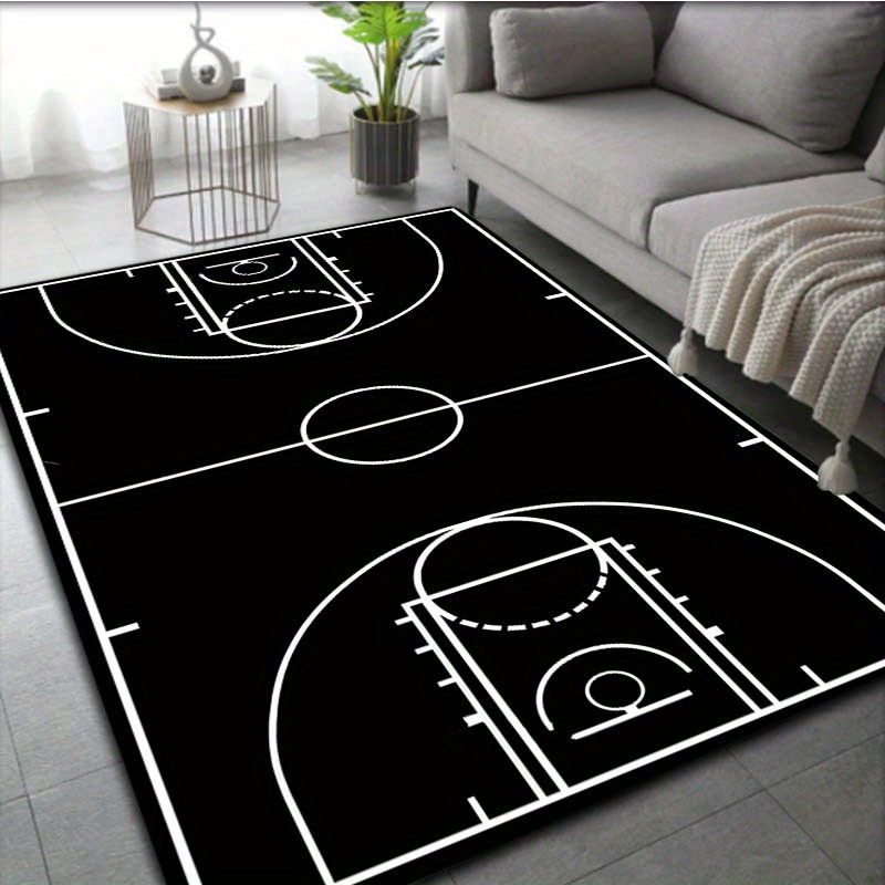 

Black Basketball Court Design Rug - Non-slip, Machine Washable Polyester Mat For Living Room, Bedroom, Office - Multiple Sizes