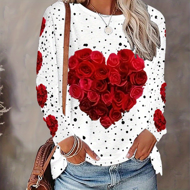 

Valentine's Day Print Long Sleeve Casual T-shirt - Soft Medium Stretch Fabric, Round Neck, Relaxed Fit, Comfortable Wear - , Work, Or Activities