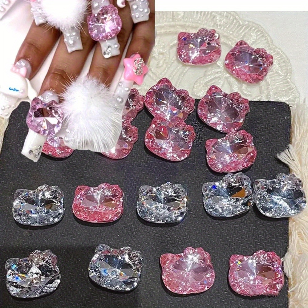 

10pcs Pink Crystal Cartoon Nail Charms Mixed Acrylic Cat Gem Kawaii Nail Art Accessories For Manicure Nails