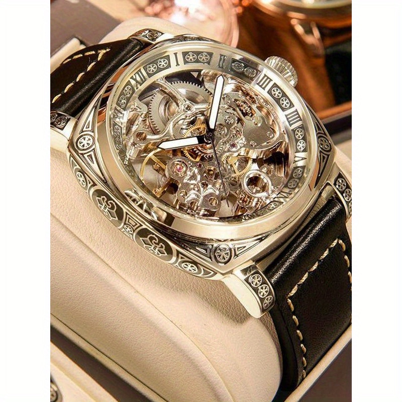 

1pc Autumn Business Elegant Round Dial Leather Strap Mechanical Watch For Men, Automatic Wristwatch For Gifting, Pointer Watch, Presents For Him With Box, Autumn Attire, Autumn , Without Battery