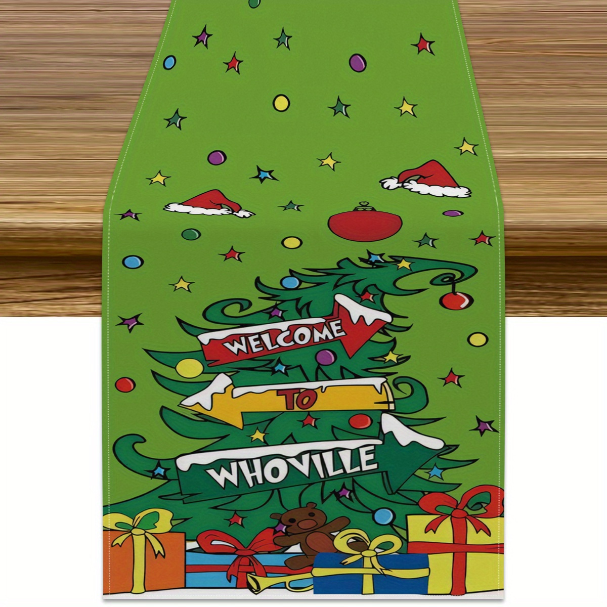 

Whoville-inspired Christmas Table Runner - 90" Polyester Knit, Striped Holiday Design For Dining & Party Decor, Christmas Table Decorations