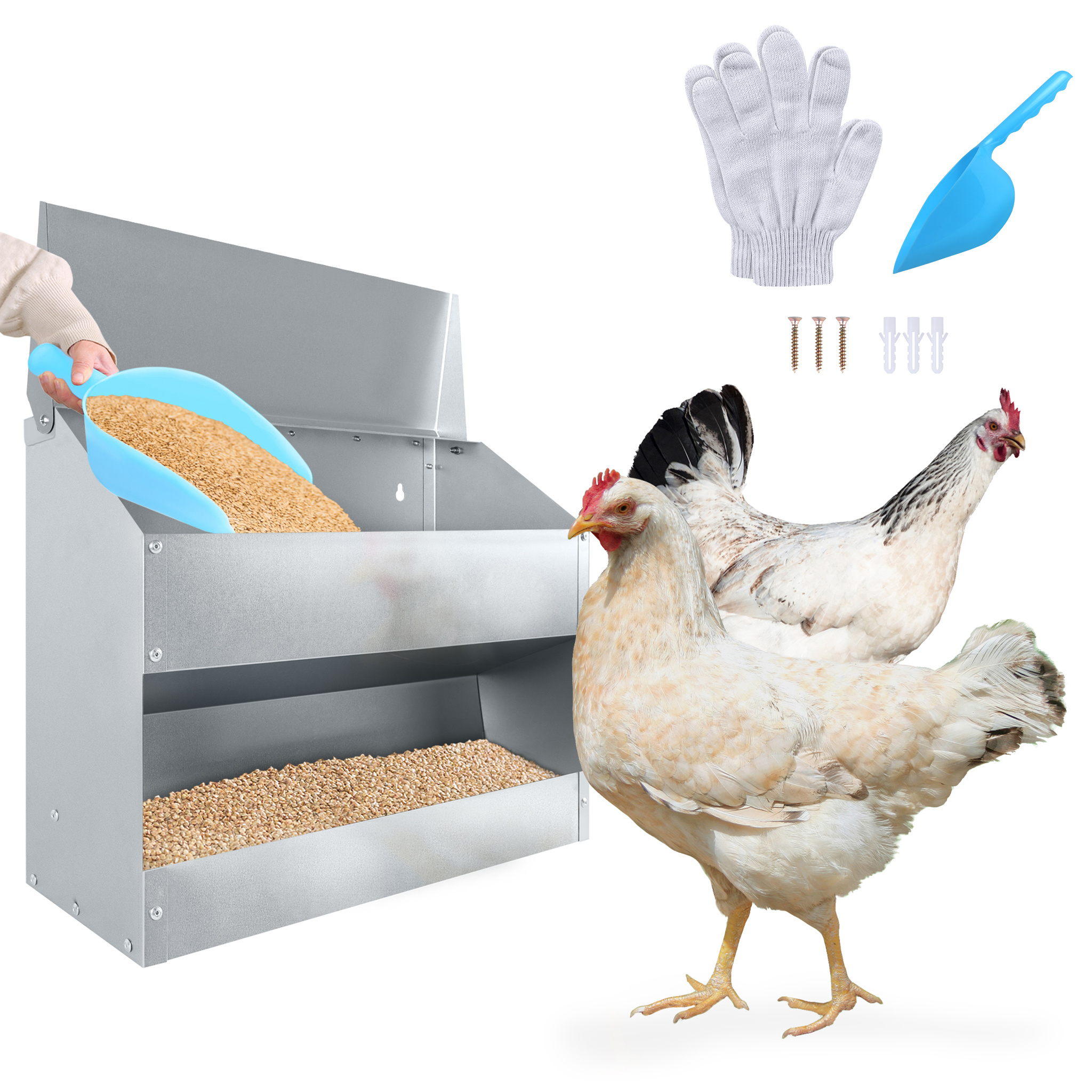 

41 X 33 X 16 Cm Automatic Feeder Metal Feeder With Waterproof Lid Hanging Feeder Capacity Up To 15 Kg Chicken Feeder For Poultry Chickens Ducks