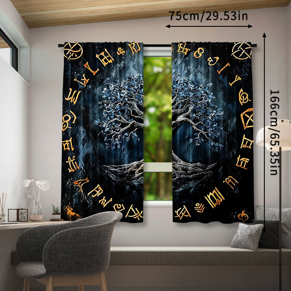 TEMU 2pcs Viking Pirate Themed Curtains With Tree Of , Rod , Semi-transparent Polyester For Living Room And Bedroom Decor
