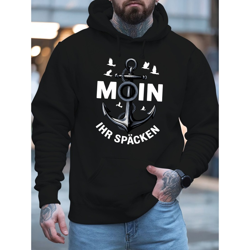 

Men's Casual Hoodie Sweatshirt With Anchor And Lettering Design, Long Sleeve, Polyester, Winter Knit Fabric, Regular Fit, Hooded - Trendy American Top For Teens And Adults