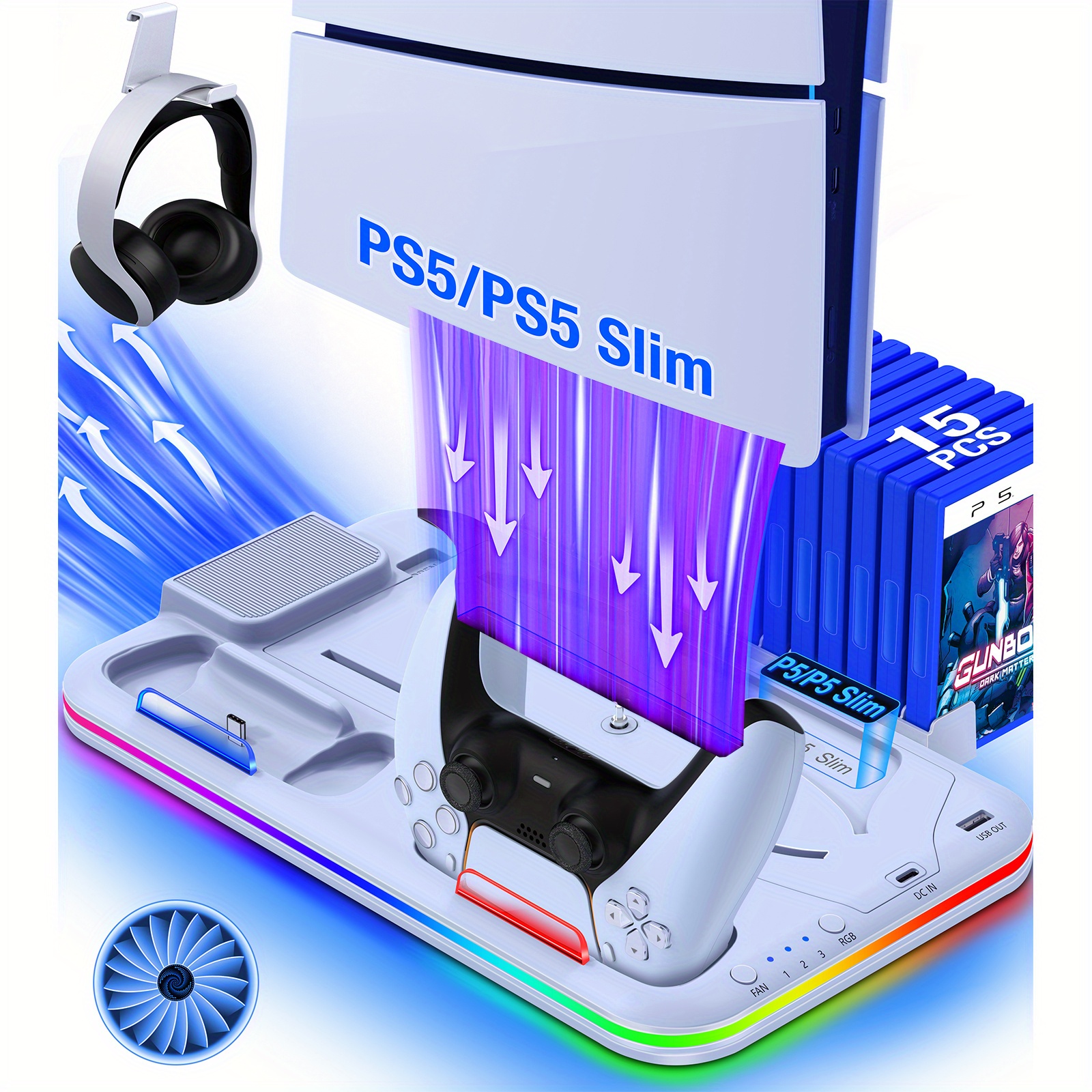 for ps5 stand cooling fan for ps5     disc   stand and cooling station with controller charging station for ps5   for ps5 accessories rgb light 15 game storage