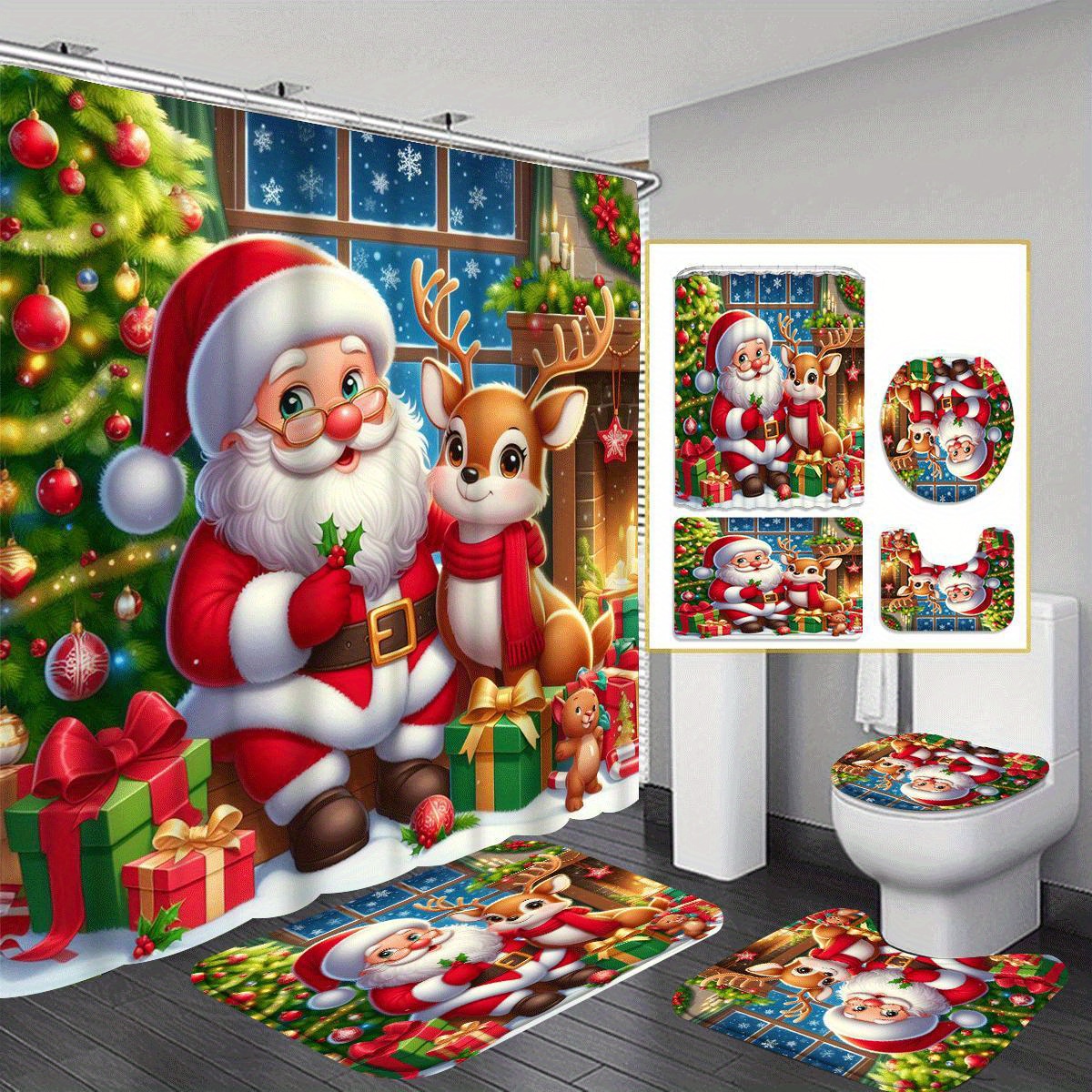 

And Christmas 1/4pcs Shower Curtain Set, Bathroom Decoration, Shower Curtain Set 12 , Bathroom Rug, U-shaped Mat, , For