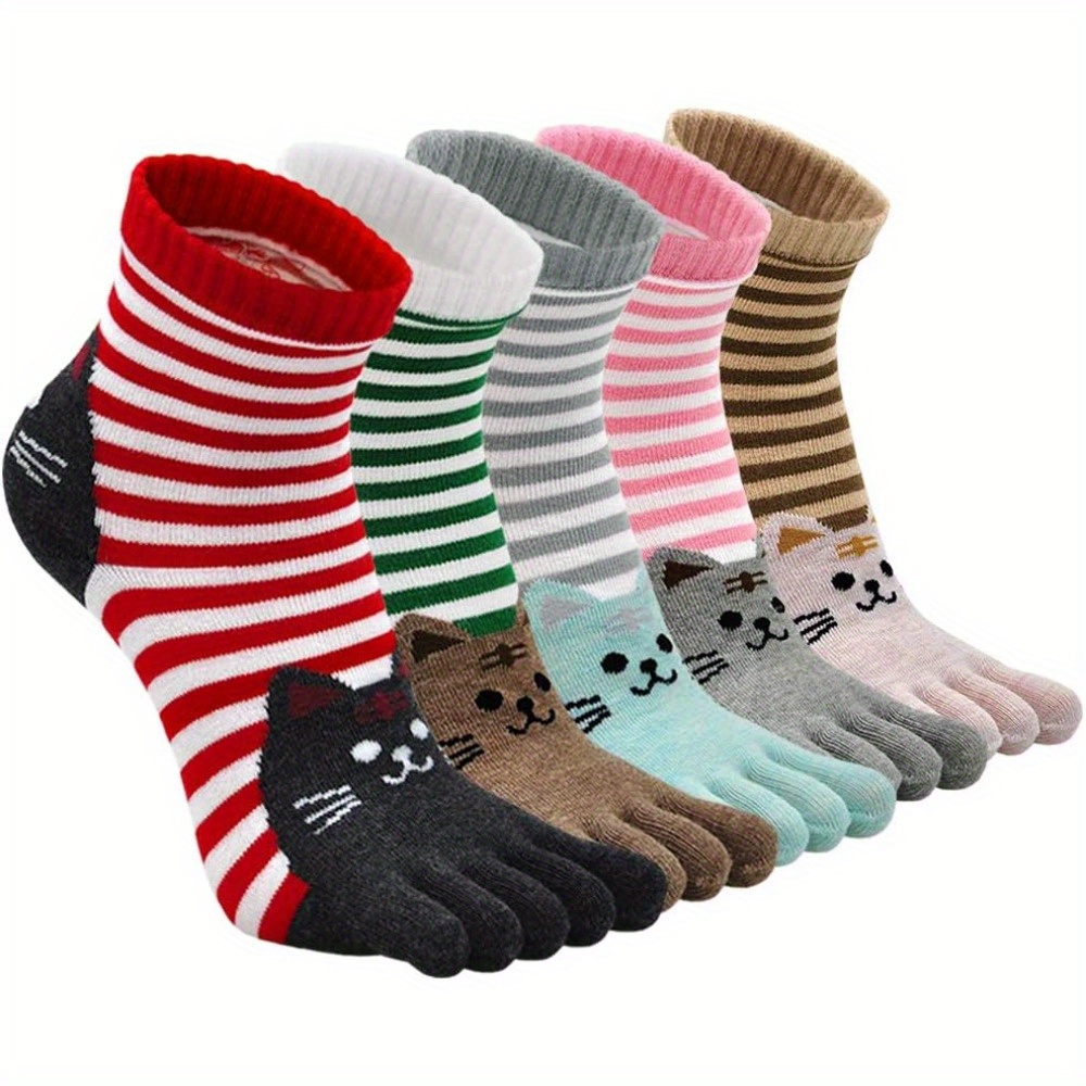 

5 Pairs Cute Cat Pattern 5 Toe Split Short Socks, Breathable & Comfy Ankle Socks, Women's Stockings & Hosiery