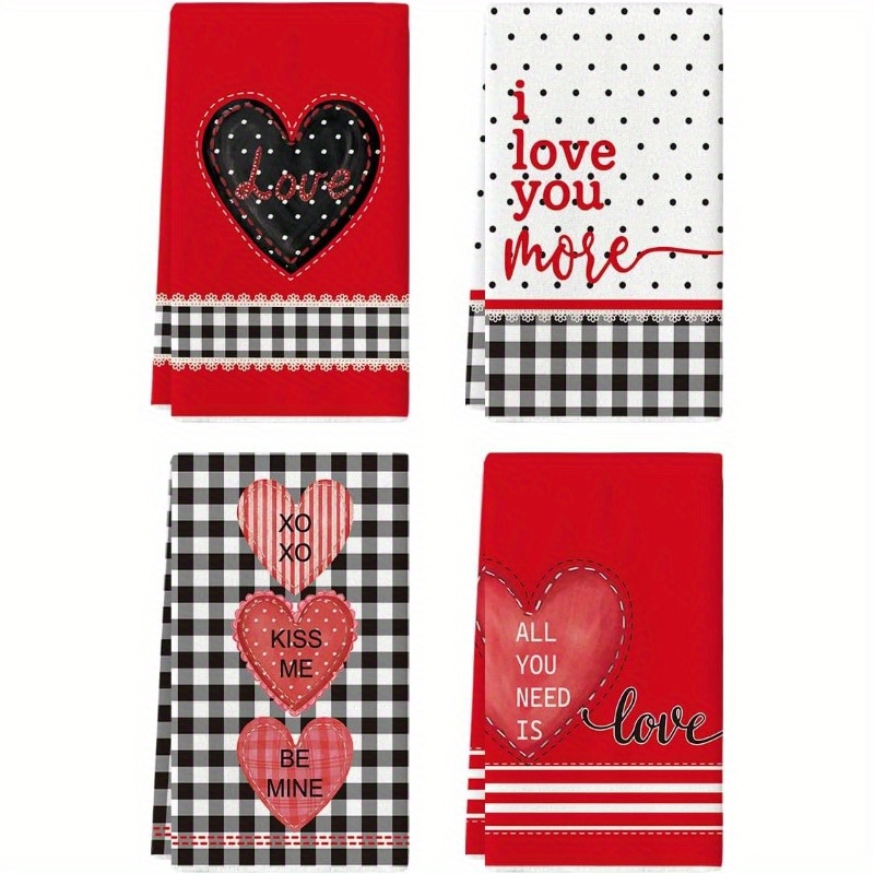 

4pcs Set Red & Heart 'i ' Kitchen Towels - , Machine Washable Polyester Dish Cloths For Valentine's Day & Anniversary Decor