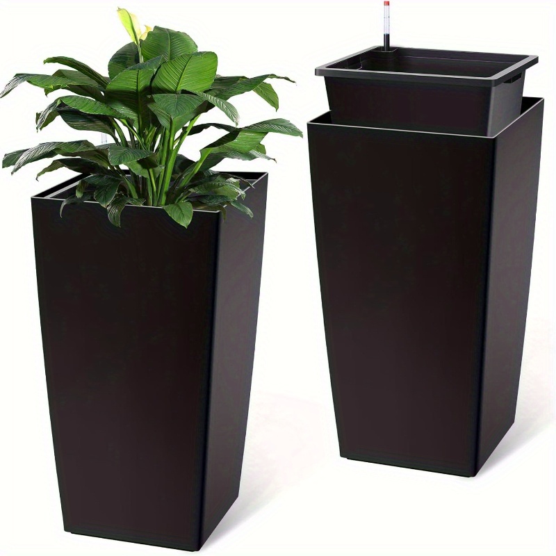 

30" Tall Planter Set Of 2, Heavy Duty Tall Planter, Porch Planter Pots With Drainage Holes Water Level Monitorinner Bucket, Automatic Watering, Indoor/ Outdoor Grande Plant, Tree, Black…