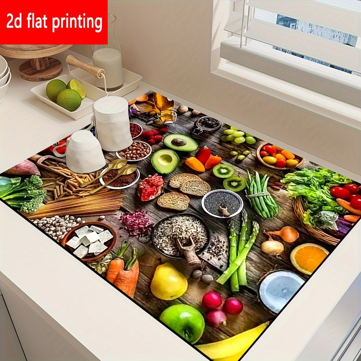 TEMU 2d Flat Printing, 1pc, Fruit And Printed Absorbent Placemats, Dark Distressed Base Color, Featuring Vegetables, Fruits, Dried Goods/grains, And