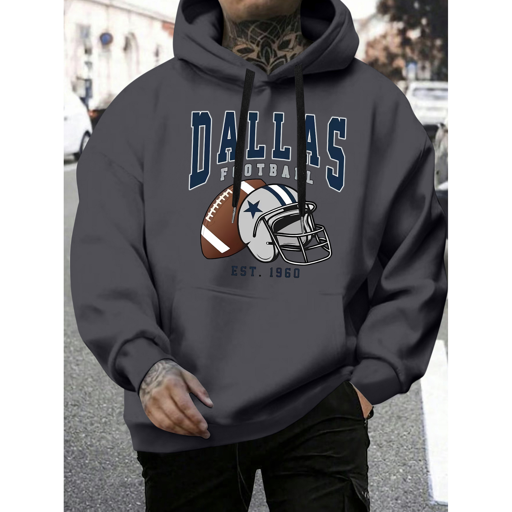 

Men's Dallas Football Graphic Hoodie, 260g Cotton , Casual Pullover With Kangaroo Pocket, Regular Fit, Geometric Pattern, Slight Stretch, Knit Fabric, For Comfort