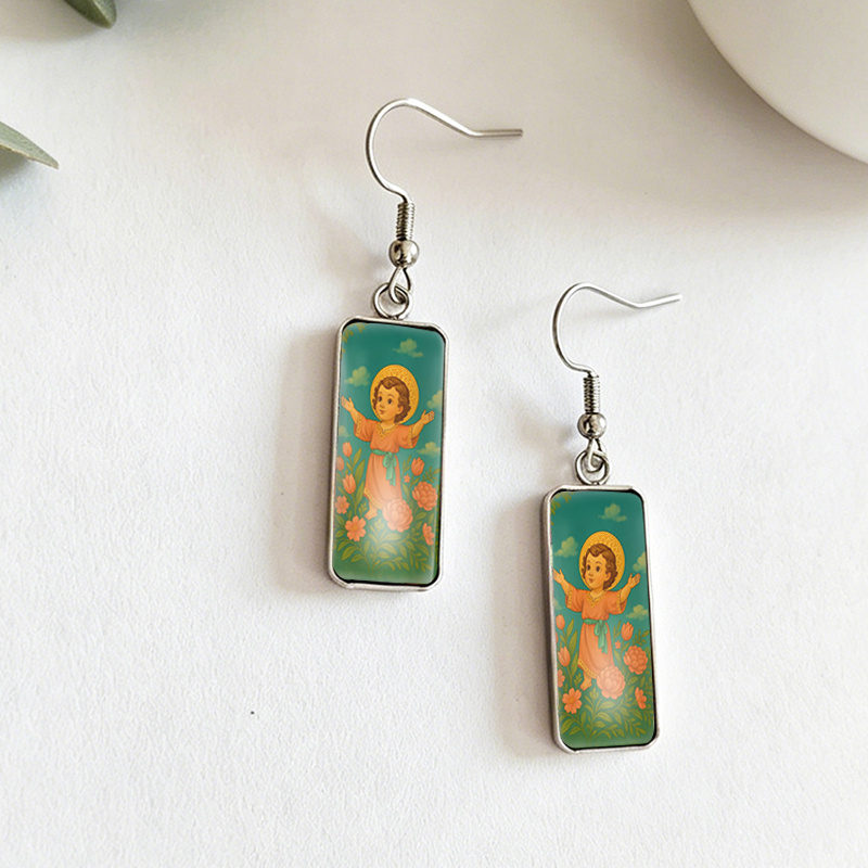 Halo Tulip Floral Rectangular Dangle Earrings, Handmade