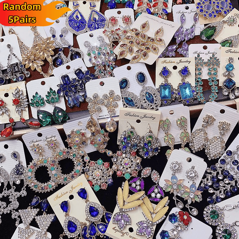 TEMU Random 5 Pairs Of Retro Synthetic Synthetic Zircon​ Earrings, Retro Geometric Shape Earrings, Luxurious And Shiny Pendant Earrings, Suitable For