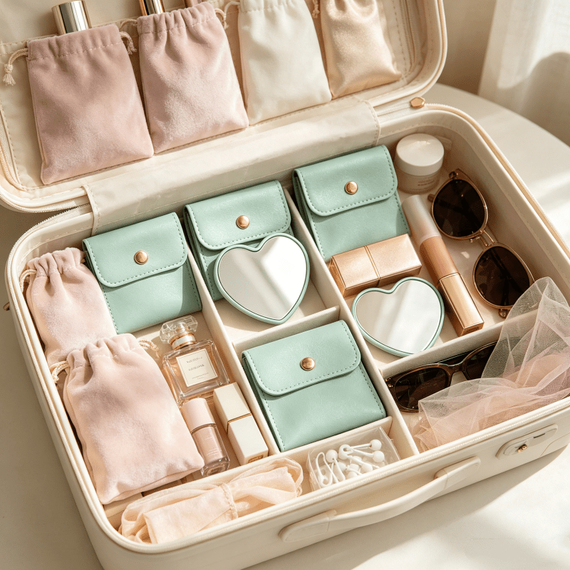 7pcs Green Heart-Shaped Portable Makeup Mirrors with Makeup Bags