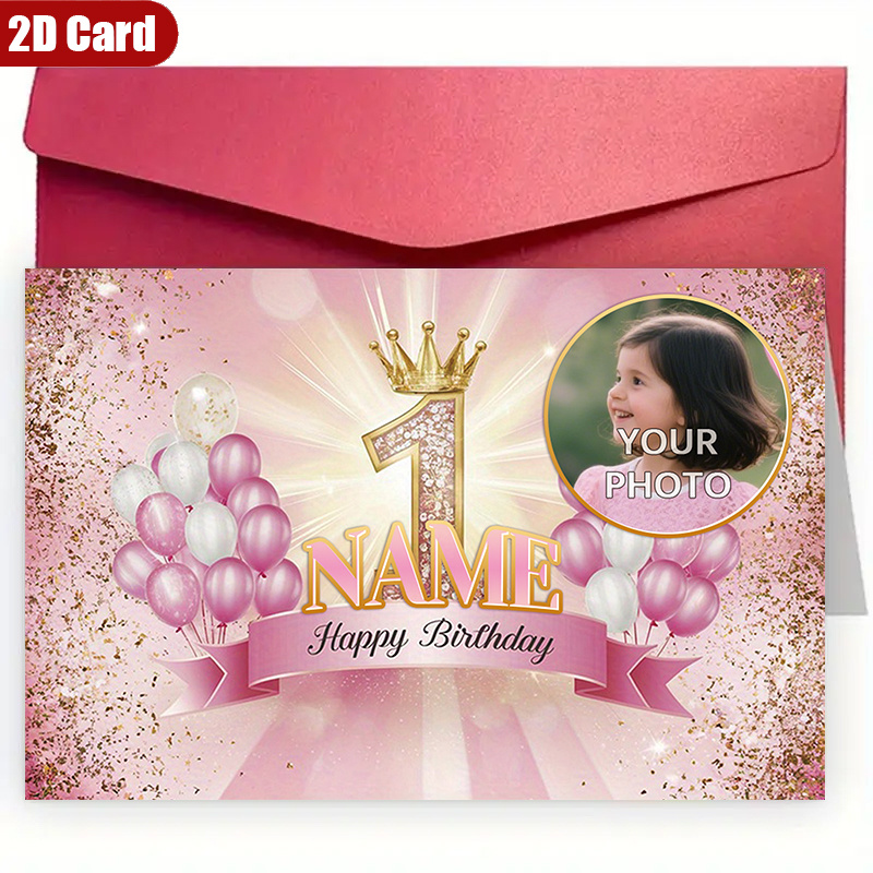 TEMU Custom 2d Flat Greeting Card - 1 Personalized Name Photo Happy Birthday Card With Envelope, High-quality Paper - For Couples, Family, - Perfect