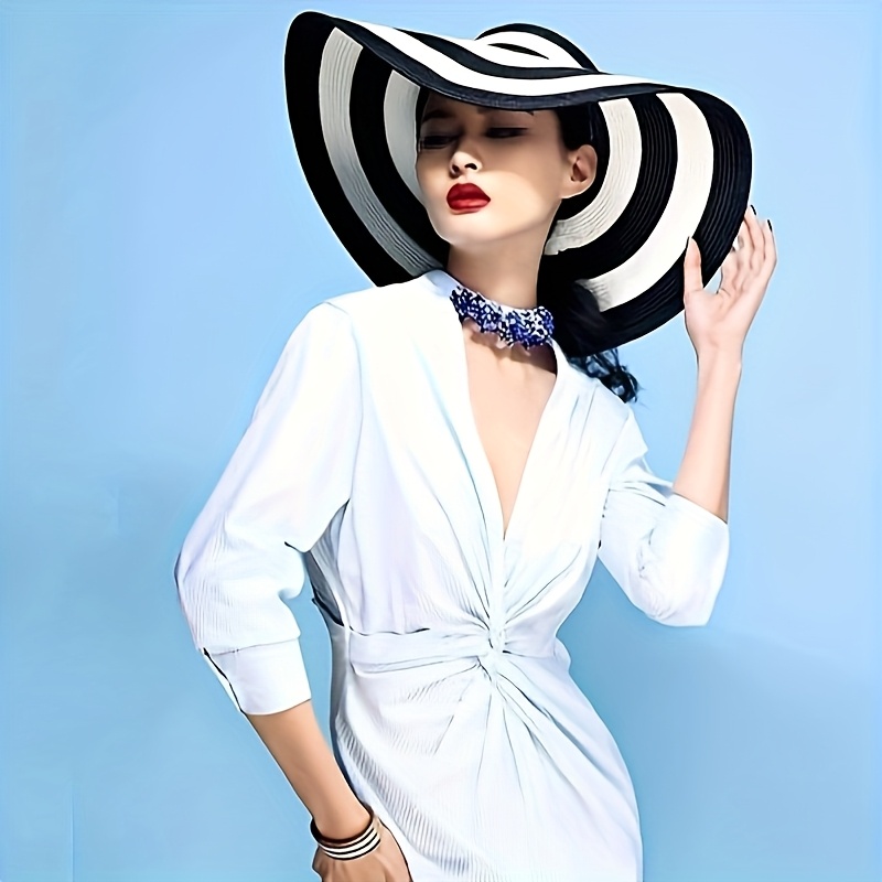 Women's Beach Sun Hat Black And White Striped Straw Hat Soft Beach Hat Foldable Wide Brim Hat, Black And White