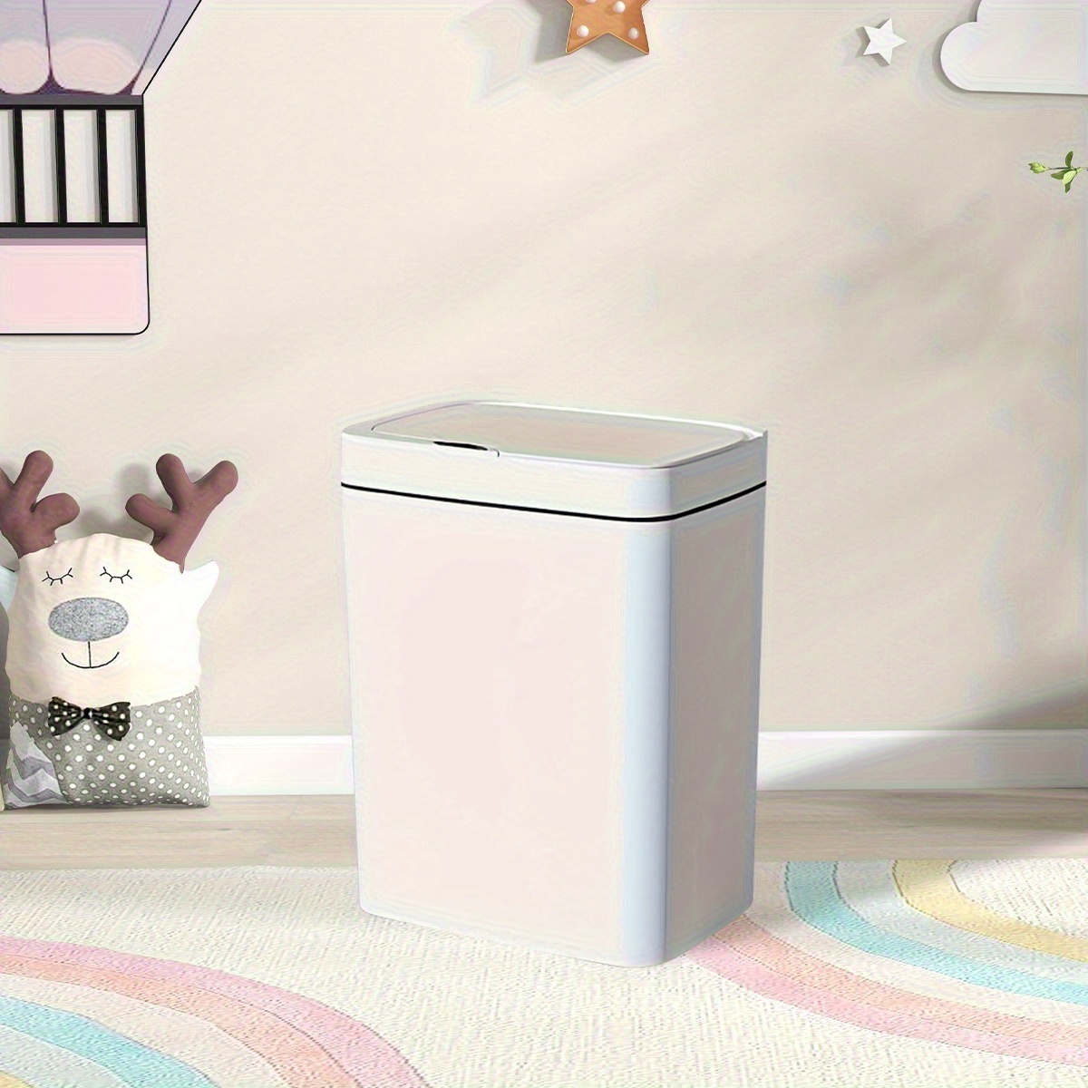 Touchless Motion-Sensing Trash Can with Odor-Sealing Lid - Automatic Open/Close, Hands-Free Operation, Modern Bathroom & Living Room Bin, Durable Plastic Construction for Home, Office, Nursery - Ideal for Diapers, Trash, Recycling - Available in Black/White, Bathroom Trash Can, Home Waste Disposal, Contemporary Design, Sleek Finish, Highquality Sensor, Diaper Disposal, Minimalist Design, Sturdy Build, Office Supplies
