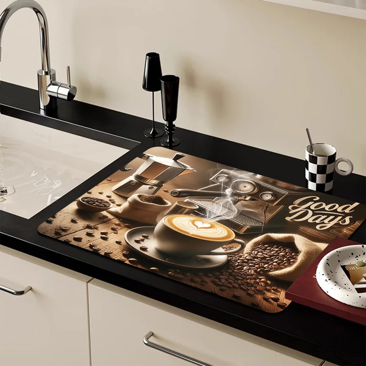 TEMU 1pc Coffee Absorbent Mat, Dish Drying Mat - Coffee Bar Themed Design Featuring Coffee Beans, Coffee Machine, And Cappuccino Patterns - Kitchen