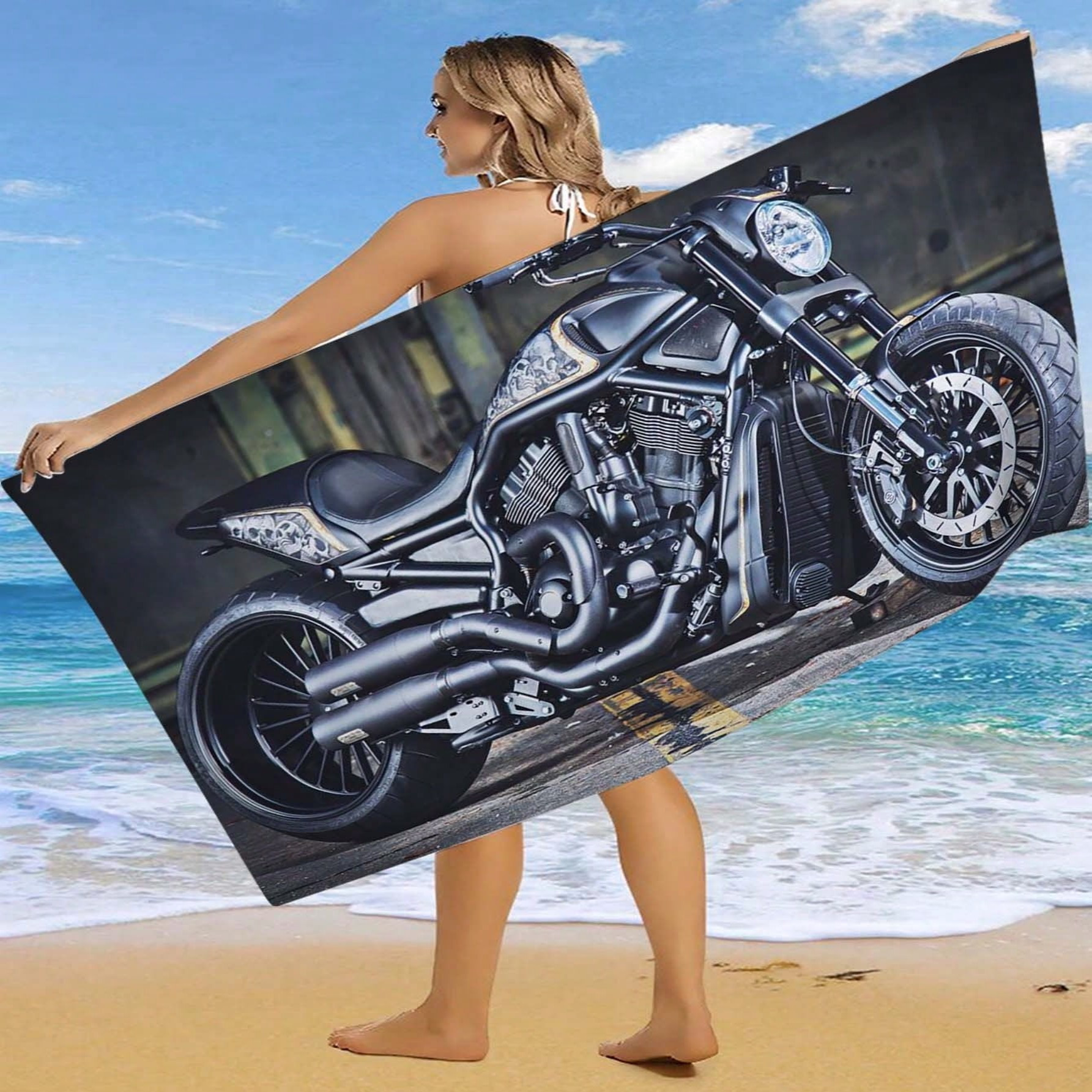 TEMU 1pc Motorcycle Print Beach Towel - Lightweight, Quick-dry Polyester Beach Towel With Motorcycle Design, Camping, Beach, Surfing & Swimming,