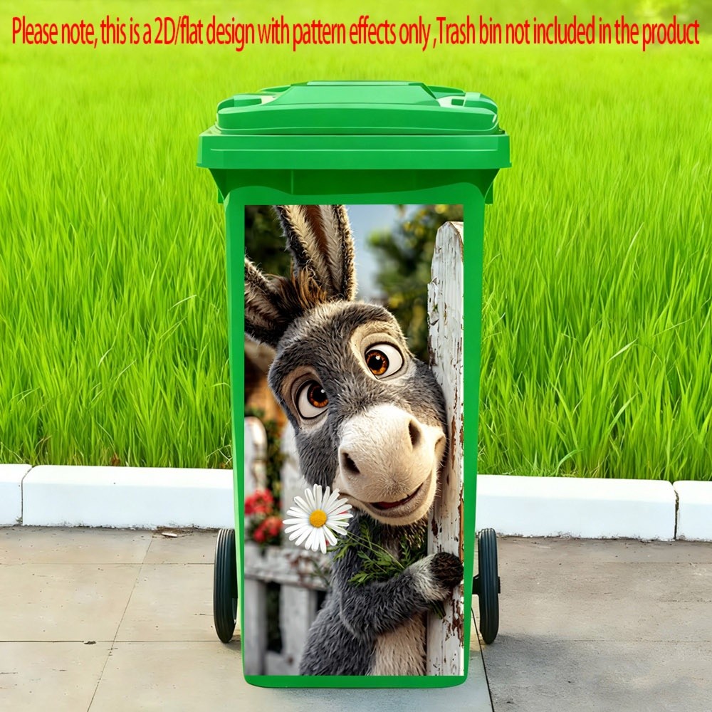 TEMU 1pc 2d Flat Cute Cartoon Donkey With Daisy Pattern Trash Can Sticker Outdoors Waterproof Bin Stickers Self Adhesive Wallpaper Home Wall Art