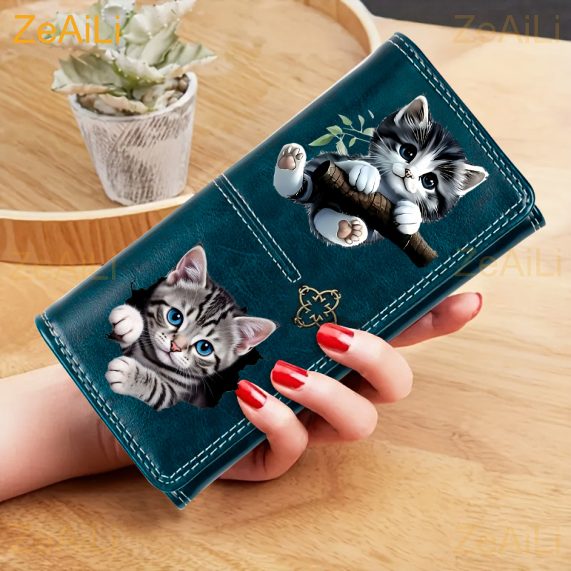 TEMU Cute Gray Tabby Kitten With Eyes Hugging A Tree Branch Pattern Wallet For Men Women, Unisex Genuine Long Purse, Large Capacity Card Holder