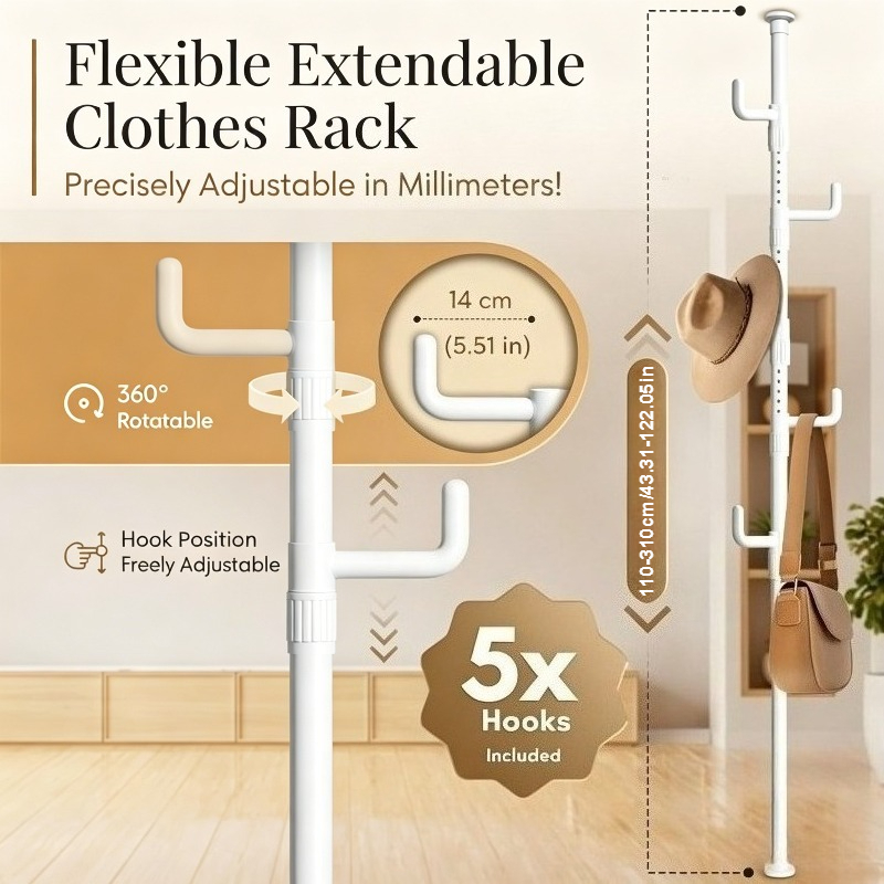 Extendable Multi-Purpose Metal Coat Rack with Hooks