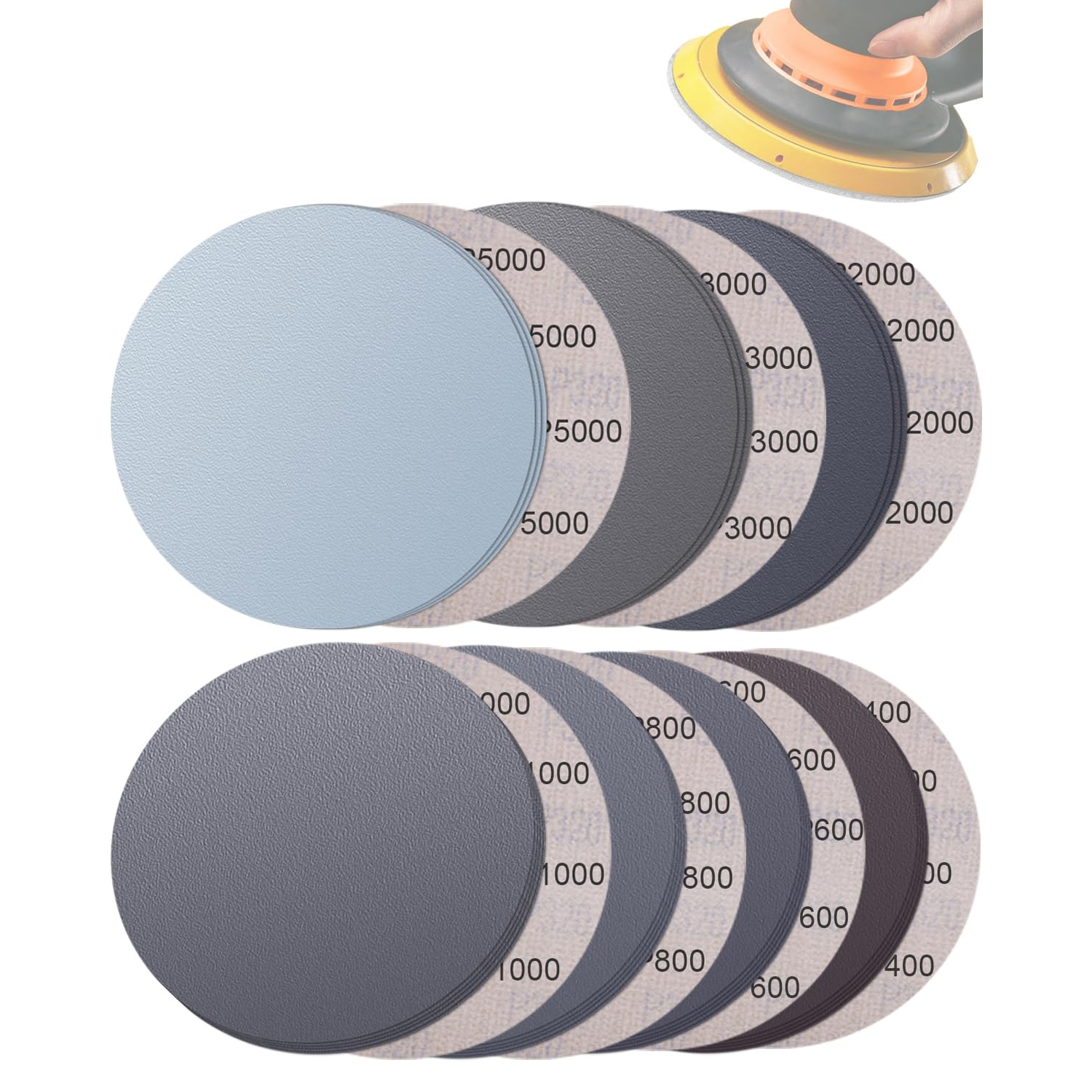 E-shop 70 Stück 5 Zoll/125 mm Klett-Schleifscheiben für Nass- Trockenschleifen, 5000/3000/2000/1000/800/600/400er Körnung Schleifpapier, geeignet für