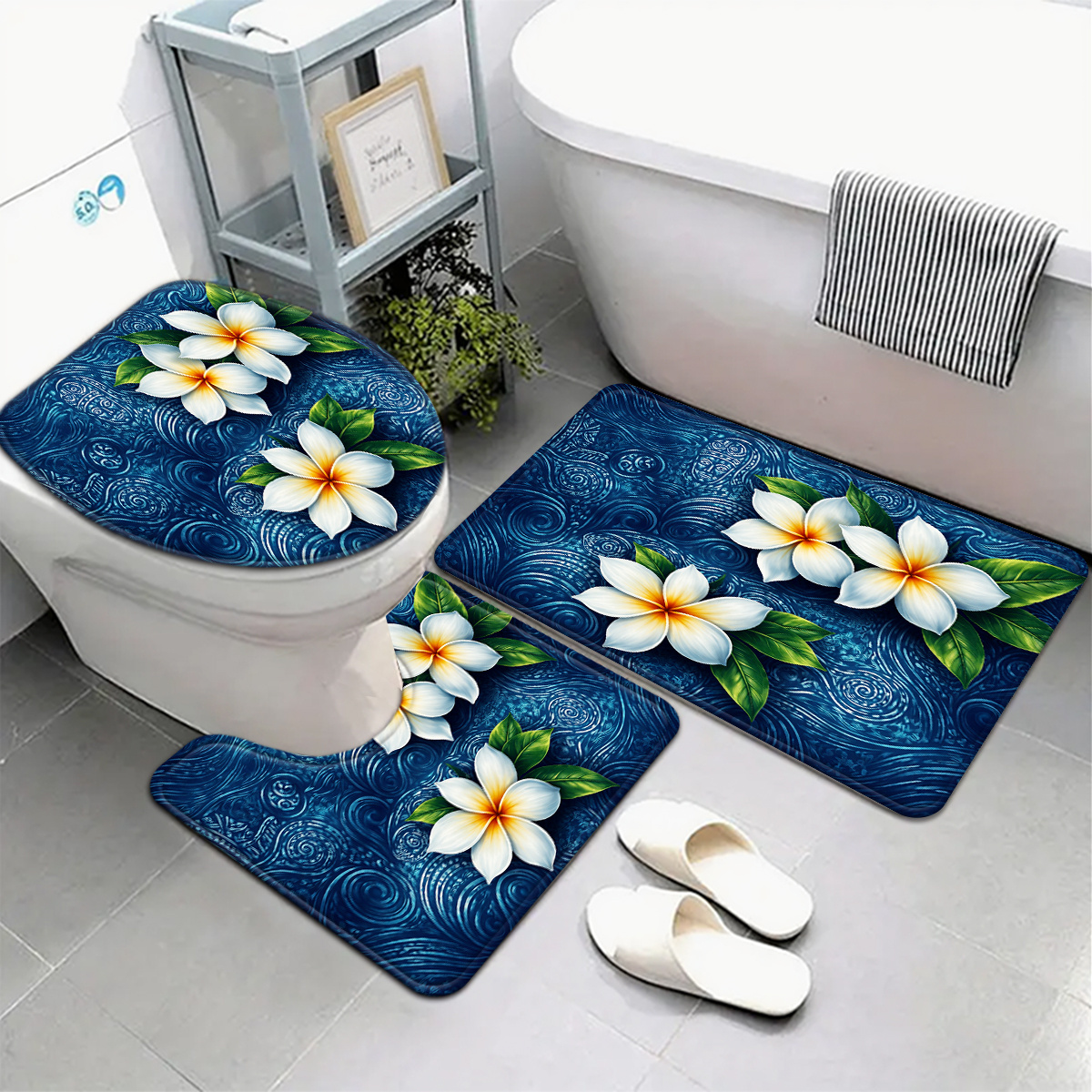 TEMU 3pcs White Frangipani Bathroom Mat Set, Tropical Theme, Includes Toilet Lid Cover And Rug, Bathroom Decor, U-shaped Foot Mat