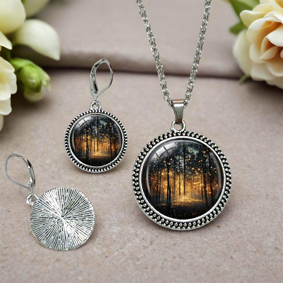 3pcs Starlight Firefly Forest Nightscape Printed Necklace & Earring Set
