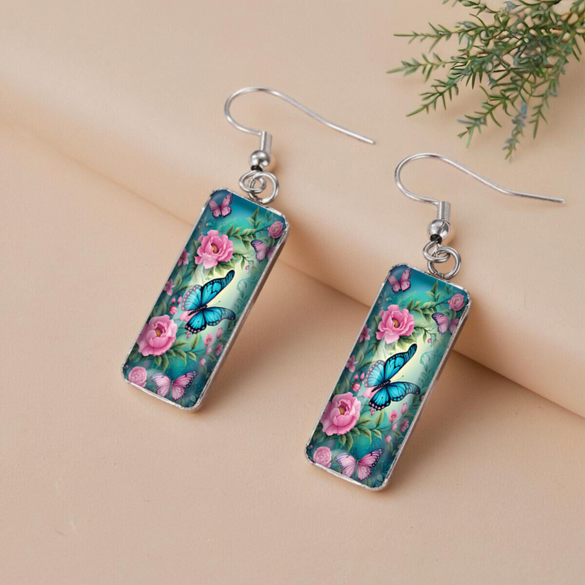 Blue Butterfly & Pink Peonies Picture Rectangular Fish Hook Earrings