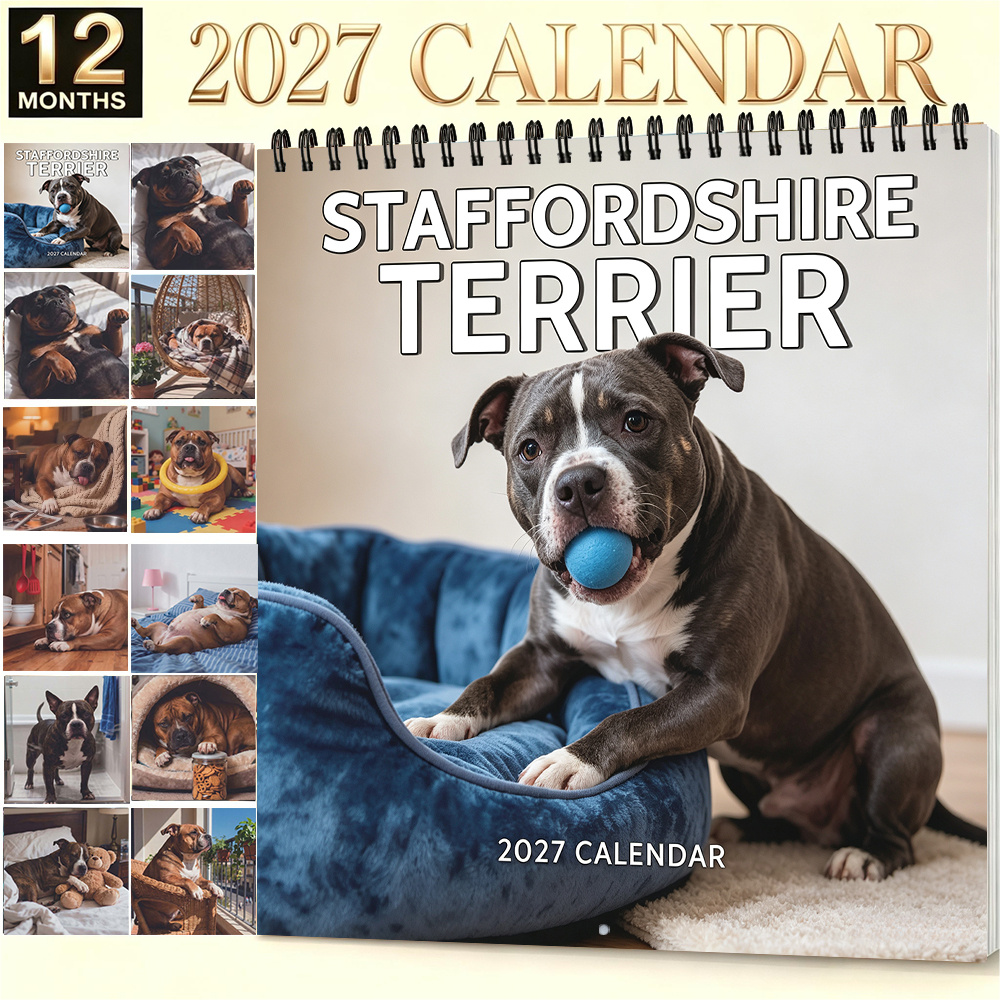 TEMU 1pc, 2027 Staffordshire Terrier Wall Calendar 8.3 X 8.3 Inches Monthly Calendar With Adorable Dog Photos Thick Paper Home Office Wall Decor For