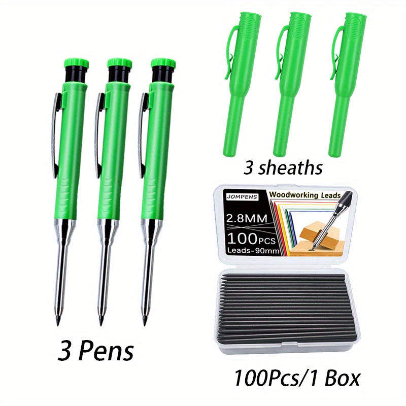 3 Carpenter Pencils With 100 Refills (red, Black, Yellow), 2.8mm Heavy-duty Construction Pencil With Built-in Sharpener, Carpenter Marking Tool Solid Long Nose Deep Hole Construction Site Pen