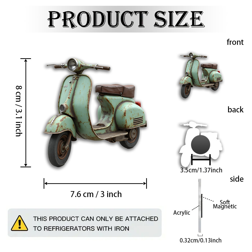 TEMU 1 pieza de imán 2D de acrílico y goma | Adorno de scooter vintage - Elegante con detalles de cuero y desgastado - para amantes del retro, Día ,