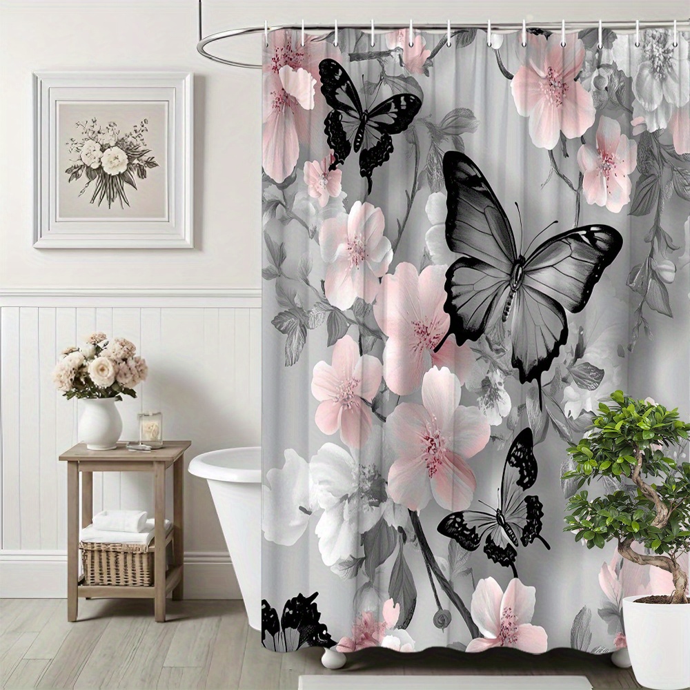 TEMU 1 rideau de douche printanier papillon avec motif en tissu polyester, décoration de salle de bain, séparation de baignoire, ensemble de rideaux