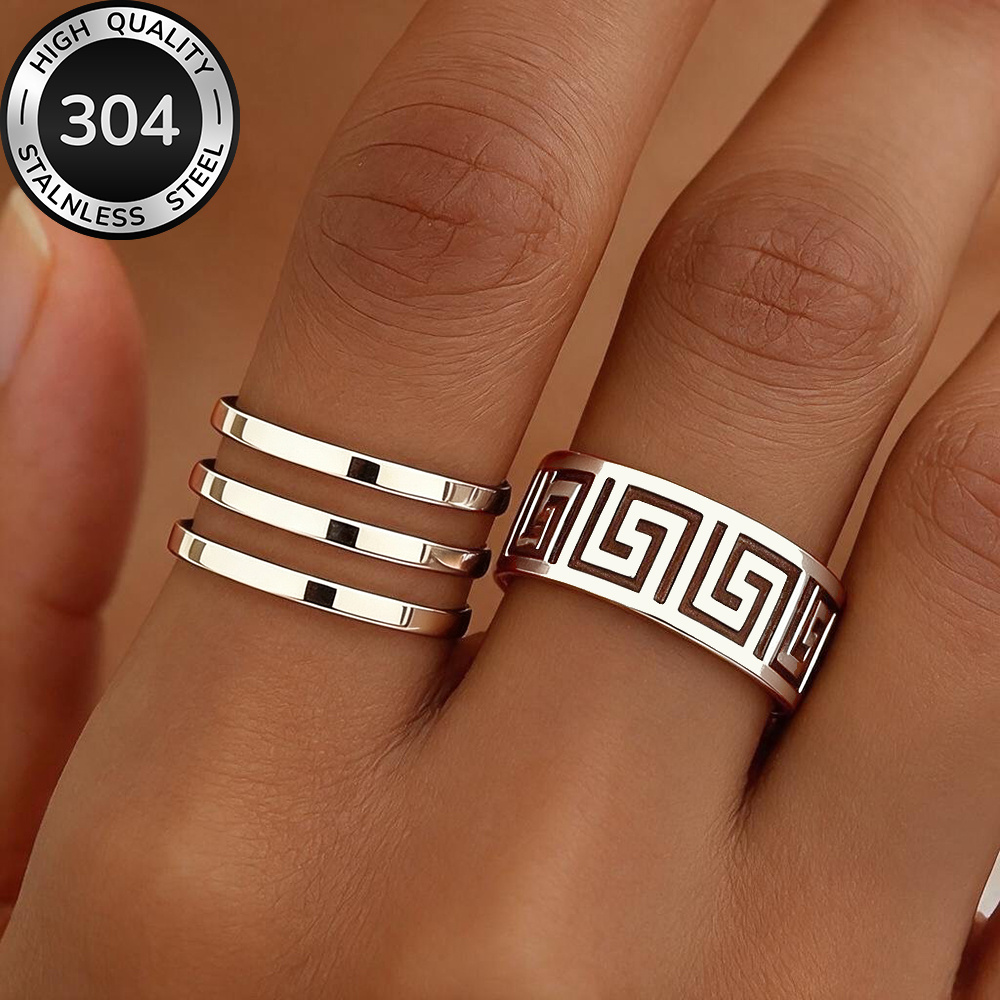 TEMU 2pcs Ring Set, High-quality Hypoallergenic Stainless Steel Golden Stackable Open Rings, Kc, Fade-resistant, Simple And Elegant, Fashionable