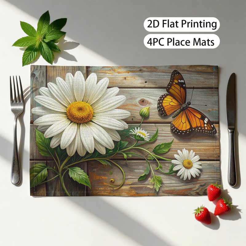 TEMU Ensemble de quatre napperons imprimés avec un motif de marguerite blanche et de papillon avec une texture grain de bois, parfaits pour une
