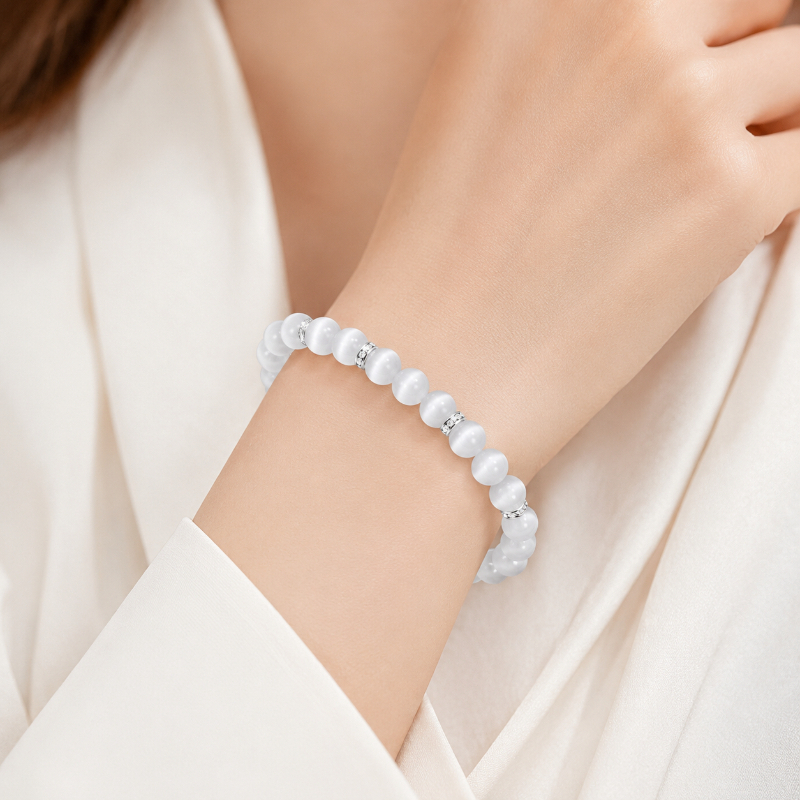 TEMU Bracelet de luxe léger en perles de œil-de-chat blanche - Bracelet éclaircissant, accessoire de style doux et élégant - Cadeau de Saint-Valentin