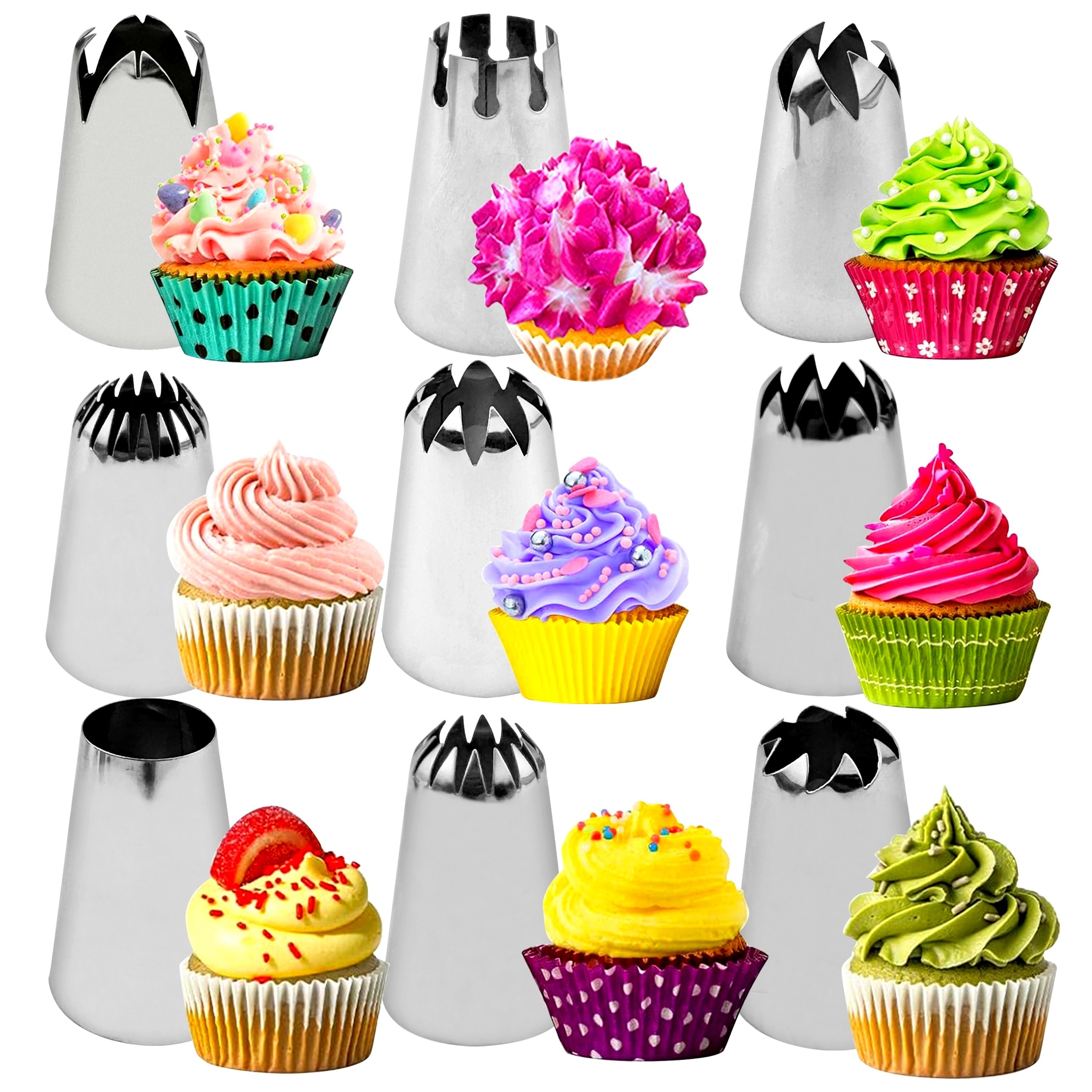 E-shop Großes 9-teiliges Spritztüllen-Set für Kuchen und Cookies, Edelstahl-Macaron-Spritzdüsen, Große Sahne-Dekorations-Tüllen für Torten,