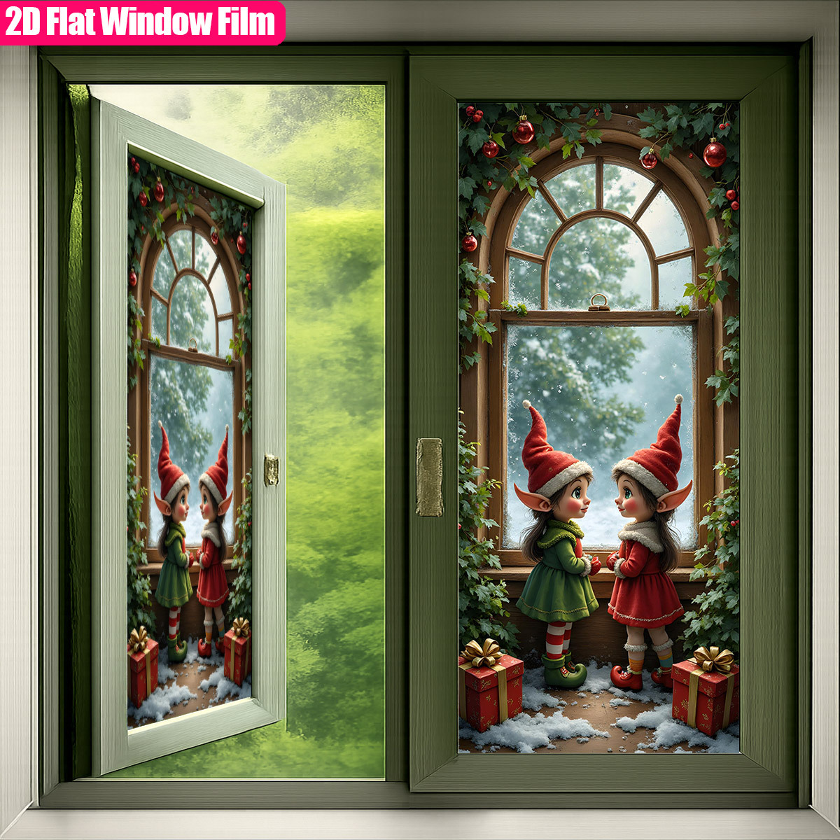 TEMU 2d Flat - 2d Flat - 1pc Of 2d Flat Frosted Static Cling Pvc Window Film Featuring 2 A Window With Gifts, Designed As Stained Glass. Non-adhesive