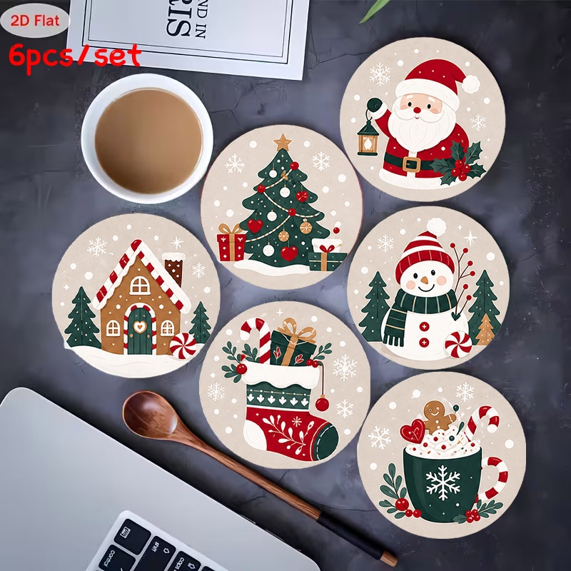 TEMU Sottobicchieri Natalizi in Legno Stampati in 2D, Set di 6, con di Invernali e Festiva, Adatti per la Decorazione e Ufficio, e Ottimi come Regali
