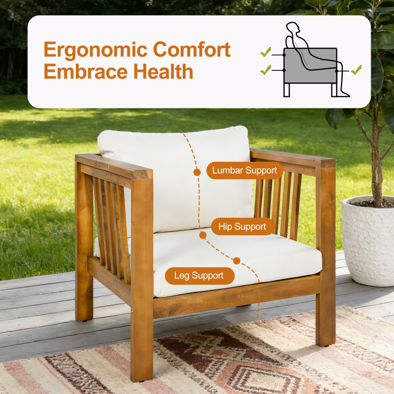 Outdoor Acacia Wood Club Chair with Modern Square Arms, Patio Chair with Thick Cushion, Adjustable Leveling Feet for Poolside, Backyard And Deck, Beige Cushion