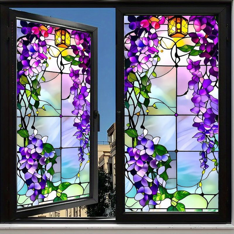 TEMU Stained Glass Film, 1pc Wisteria Floral Pattern Privacy Window Sticker, Non-adhesive Static Cling, Removable Decorative Pvc Glass Decal, Light