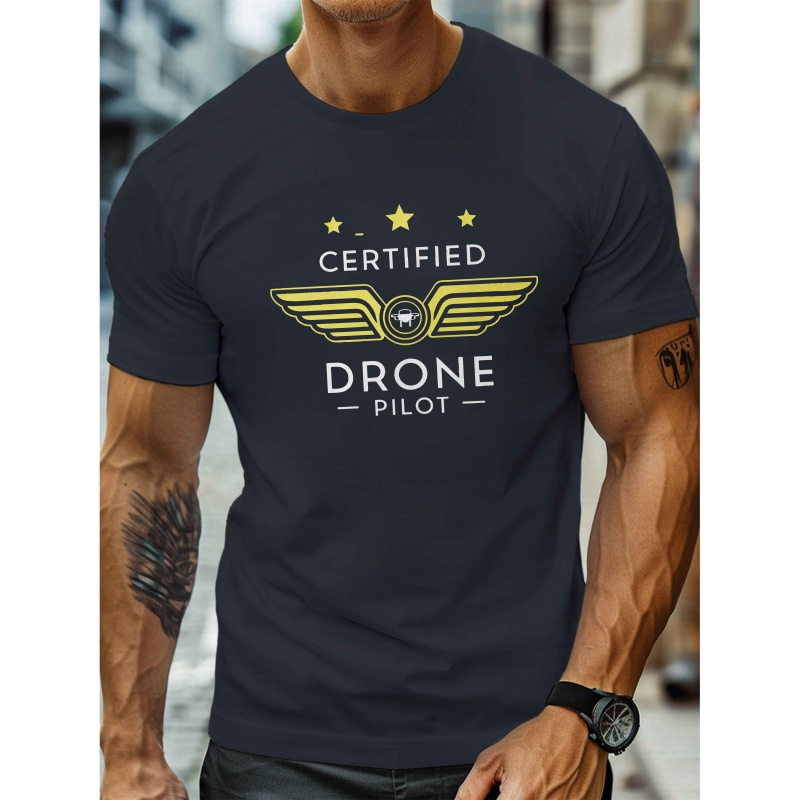 

Men's Certified Drone Pilot Graphic Tee - Casual Crew Neck Short Sleeve T-shirt, Lightweight Polyester, Comfortable Summer Top With Winged Design