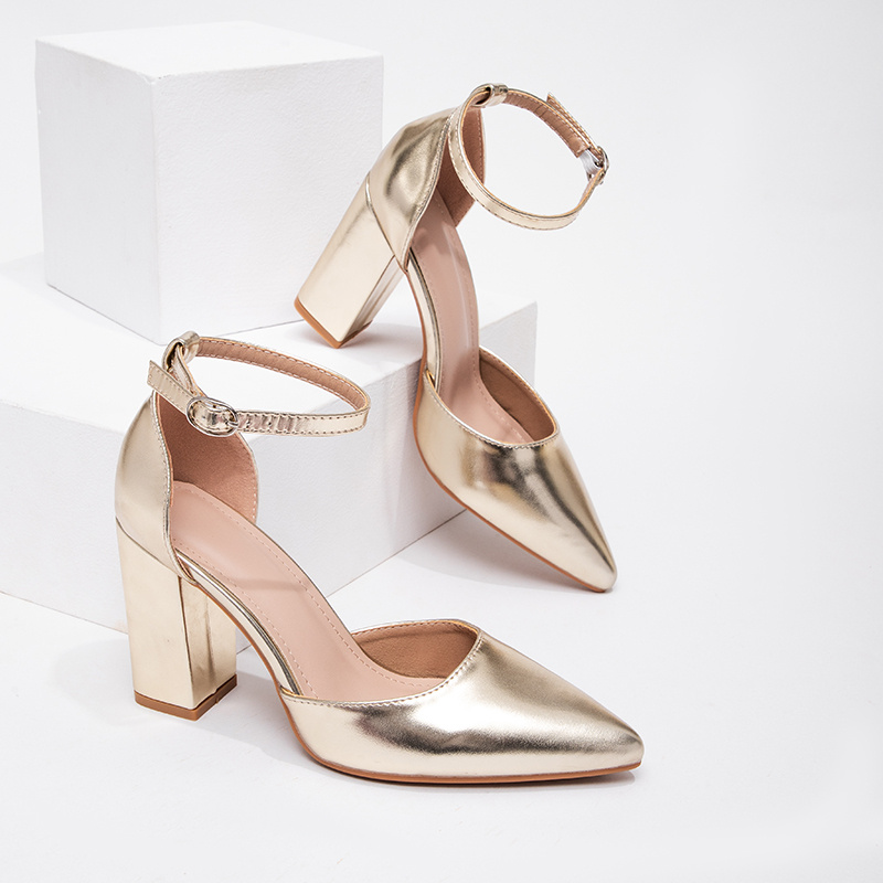 Image of Women's Pointed Toe Single Strap Block Heel High Heeled Sandals, Elegant And , Suitable For Banquets And Commuter Outfits, Women Shoes