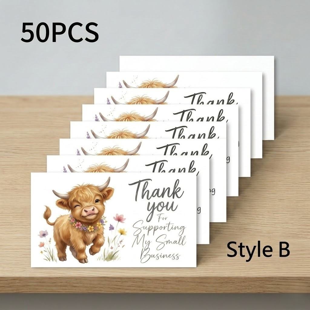 TEMU 50pcs Highland Cow Thank You Supporting My Small Business Cards, Premium 250gsm Heavy Cardstock With High-res Floral Cow Graphics To ,
