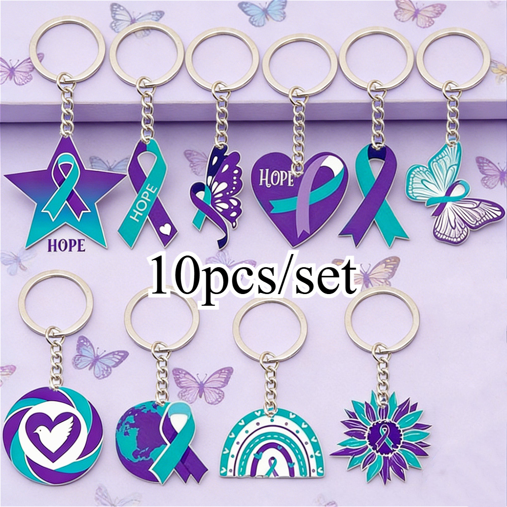 TEMU 2d , 10pcs Set Of And Purple Ribbon Mental Health Theme Keychains - Heart Sunflower Acrylic Pendant Keychains, Suitable For Suicide Prevention