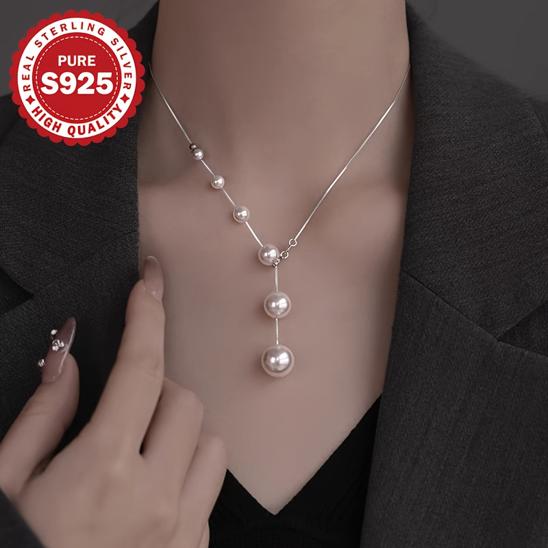 TEMU A Gradient Pearl Necklace Made Of S925 Pure Silvery, Featuring A Unique High-end Design That Sits Elegantly On . This Y-shaped Necklace Offers