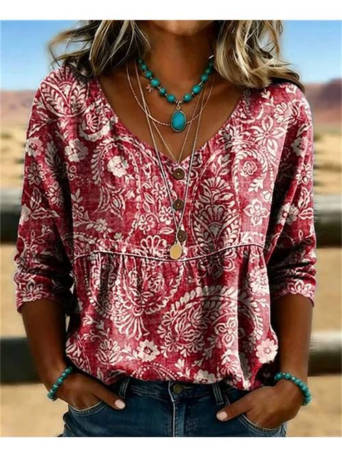 item picture vintage floral print red womens blouse v neck three quarter sleeve loose casual top