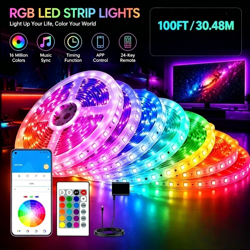 TEMU Rgb Led Strip Lights 25-260ft, App & Bluetooth Control With 24-key Remote, Music Sync Color Changing Led Lights For Bedroom, Gaming Room, Party,