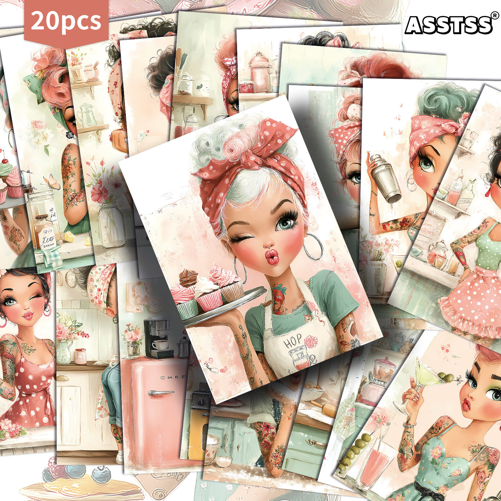 TEMU 20-pack Asstss Vintage Kitchen Girl Postcards - 4x6 Inches Junk Journal Supplies Paper, Scrapbooking Supplies, Collectible Decorative Painting